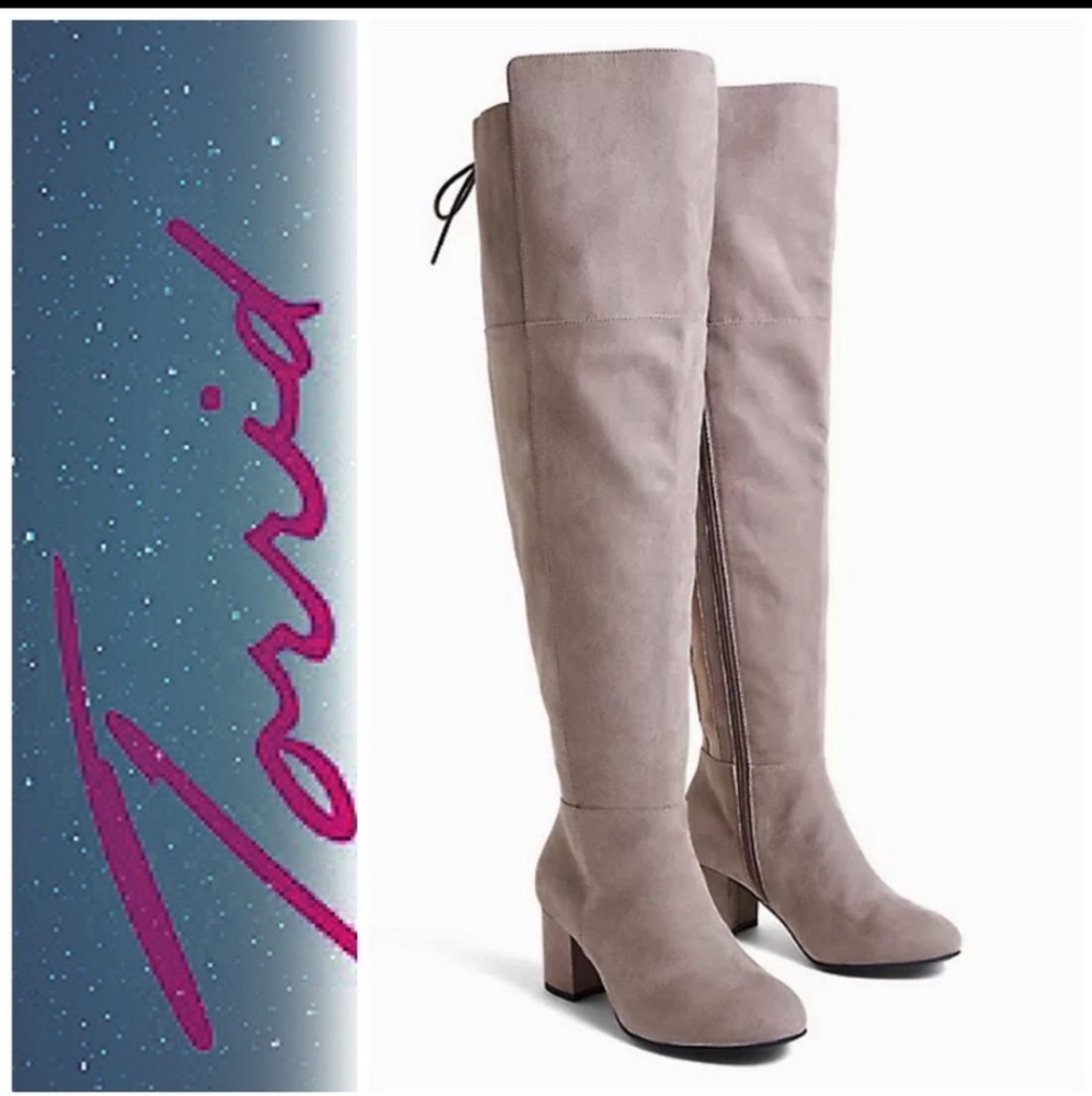 TORRID SEXY TAUPE SUEDE LACE UP CORSET BACKS OVER THE KNEE BLOCK HEEL BOOTS